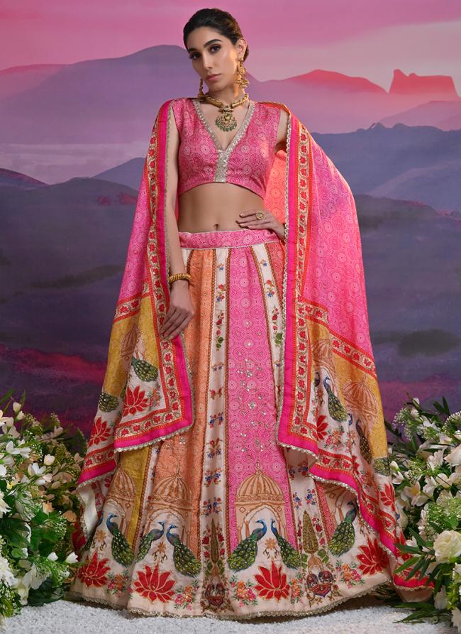 Viscose Pink Ceremonial Wear Printed Lehenga Choli